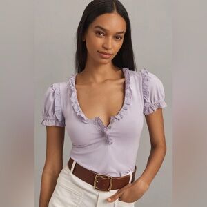Maeve Anthropologie Puff-Sleeve Ruffle Henley Tee Blouse Top Lavender Size M